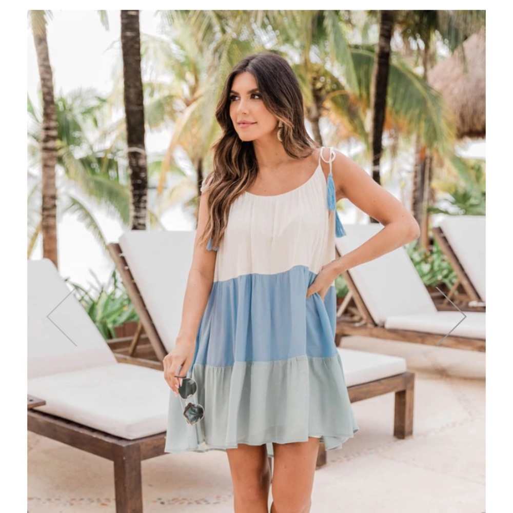 PINK LILY- MORNING AURA COLORBLOCK BLUE/SAGE TIE STRAP DRESS